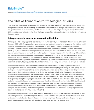 The Bible As Foundation For Theological Studies