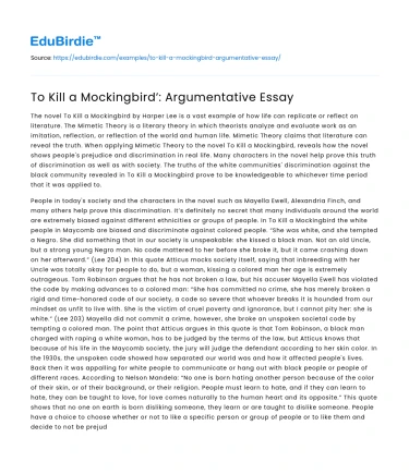 To Kill a Mockingbird’: Argumentative Essay