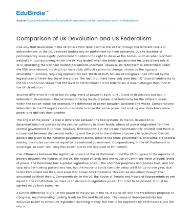Comparison of UK Devolution and US Federalism