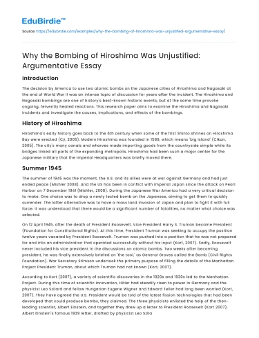 Why the Bombing of Hiroshima Was Unjustified: Argumentative Essay