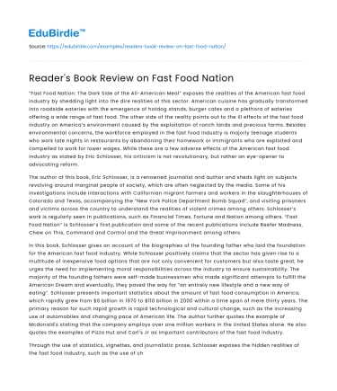 Reader’s Book Review on Fast Food Nation