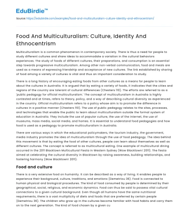 Food And Multiculturalism: Culture, Identity And Ethnocentrism