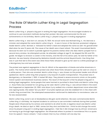 The Role Of Martin Luther King In Legal Segregation Process