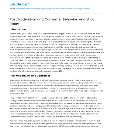 Post Modernism and Consumer Behavior: Analytical Essay