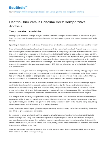 Electric Cars Versus Gasoline Cars: Comparative Analysis