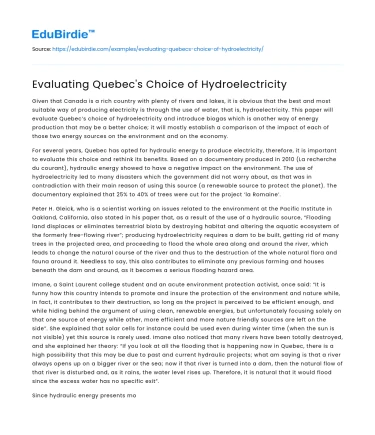 Evaluating Quebec’s Choice of Hydroelectricity