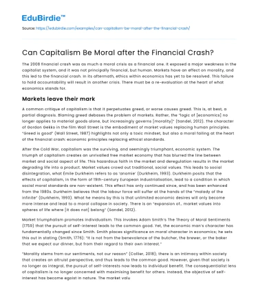 Can Capitalism Be Moral after the Financial Crash?
