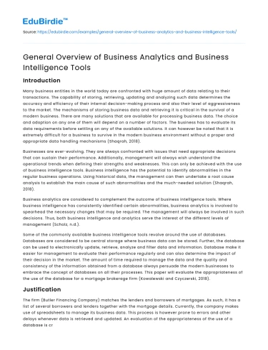 General Overview of Business Analytics and Business Intelligence Tools