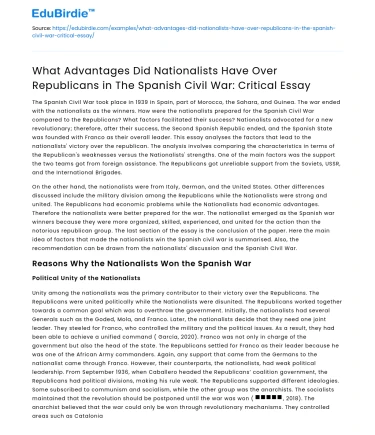 Advantages of Nationalists over Republicans in Spanish Civil War