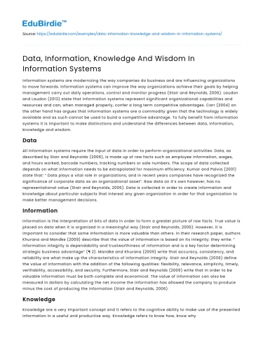 Data, Information, Knowledge And Wisdom In Information Systems