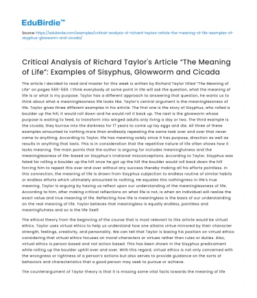 Analysis of Taylor’s “The Meaning of Life”: Sisyphus, Glowworm, Cicada