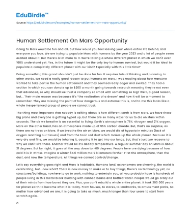 Human Settlement On Mars Opportunity