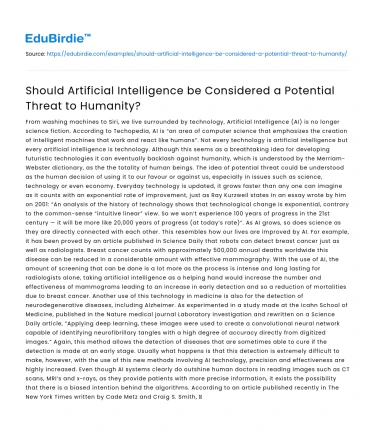 Assessing the Potential Threat of Artificial Intelligence to Humanity