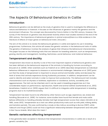 The Aspects Of Behavioural Genetics In Cattle