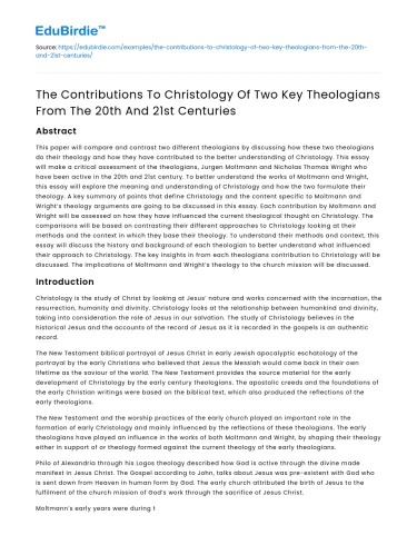Christology Contributions from 20th & 21st Century Theologians