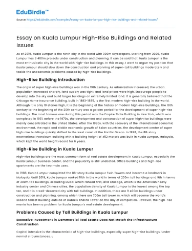 Essay on Kuala Lumpur High-Rise Buildings and Related Issues