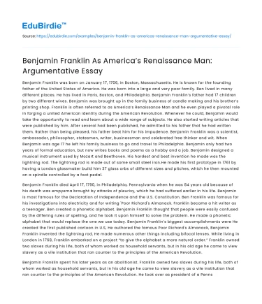 Benjamin Franklin As America’s Renaissance Man: Argumentative Essay