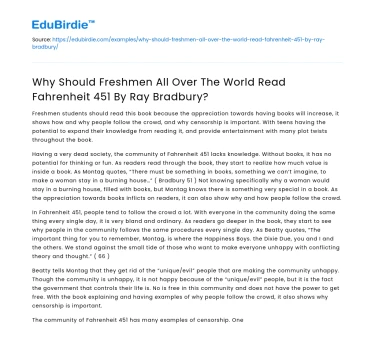 Importance of Freshmen Reading Fahrenheit 451 by Bradbury