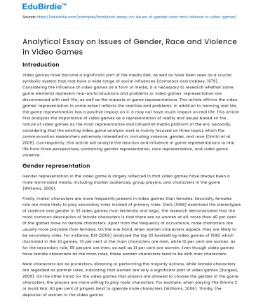 Analytical Essay on Issues of Gender, Race and Violence in Video Games