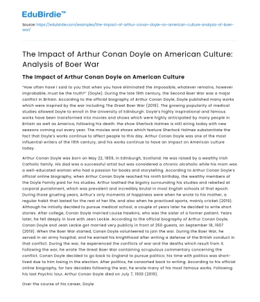 The Impact of Arthur Conan Doyle on American Culture: Analysis of Boer War