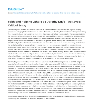 Faith and Helping Others as Dorothy Day’s Two Loves: Critical Essay