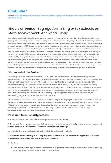 Gender Segregation in Single-Sex Schools: Impact on Math Achievement