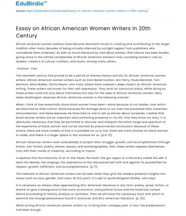 Essay on African American Women Writers in 20th Century