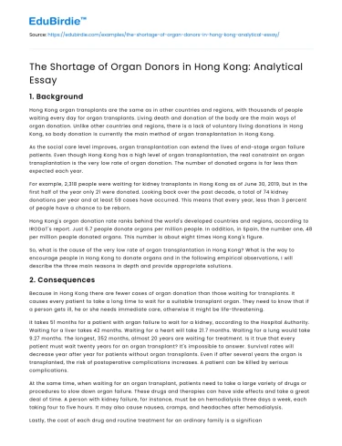 The Shortage of Organ Donors in Hong Kong: Analytical Essay