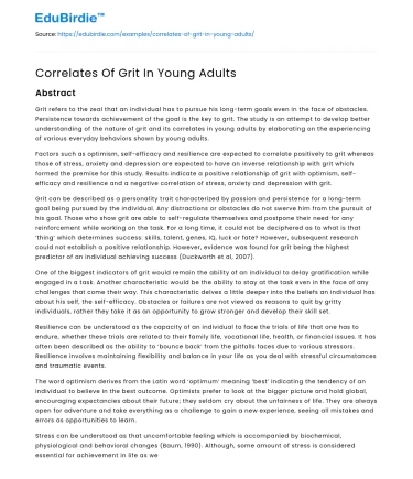 Correlates Of Grit In Young Adults