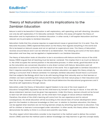Theory of Naturalism and Its Implications to the Zambian Education