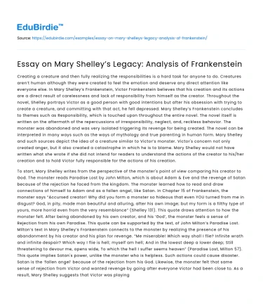 Essay on Mary Shelley’s Legacy: Analysis of Frankenstein