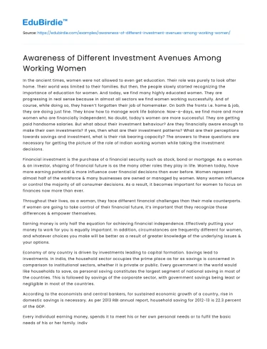 Awareness of Different Investment Avenues Among Working Women