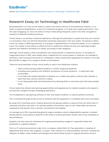 Research Essay on Technology in Healthcare Field