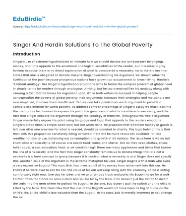 Singer And Hardin Solutions To The Global Poverty