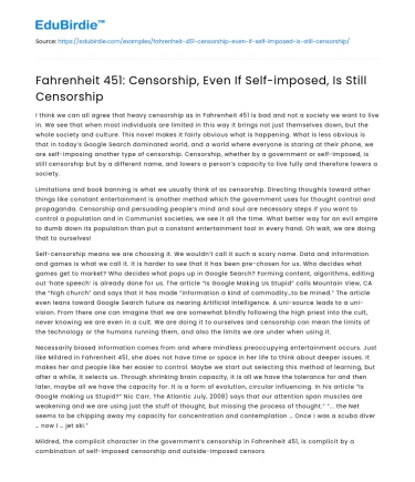 Fahrenheit 451: Censorship, Even If Self-imposed, Is Still Censorship