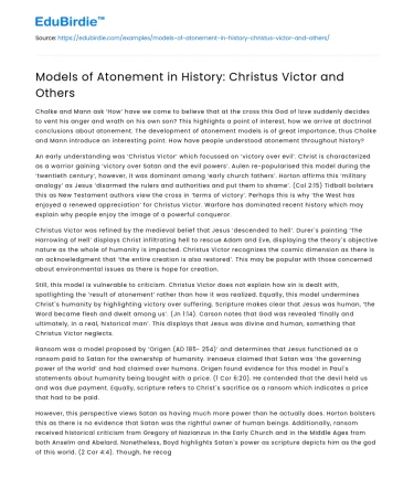Models of Atonement in History: Christus Victor and Others