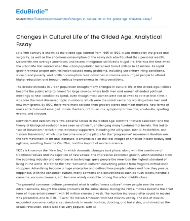 Changes in Cultural Life of the Gilded Age: Analytical Essay