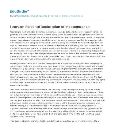 Essay on Personal Declaration of Independence
