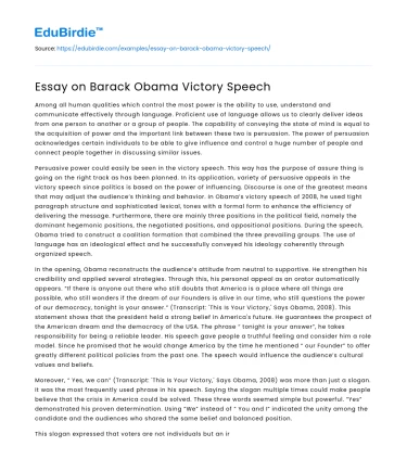 Essay on Barack Obama Victory Speech