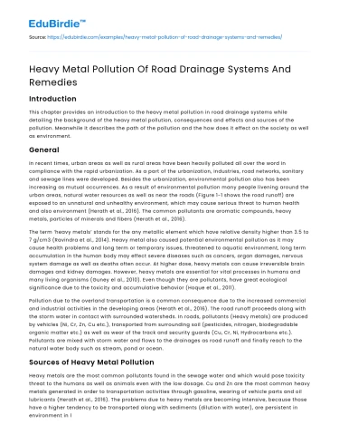 Heavy Metal Pollution Of Road Drainage Systems And Remedies