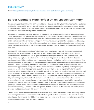Barack Obama a More Perfect Union Speech Summary