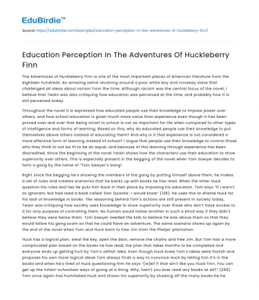 Education Perception In The Adventures Of Huckleberry Finn