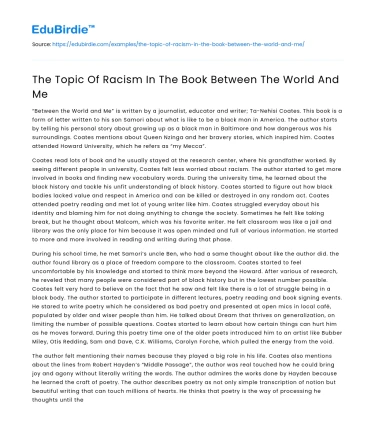 The Topic Of Racism In The Book Between The World And Me