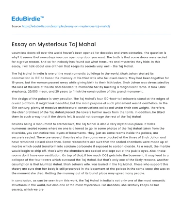 Essay on Mysterious Taj Mahal