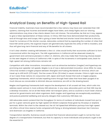 Analytical Essay on Benefits of High-Speed Rail