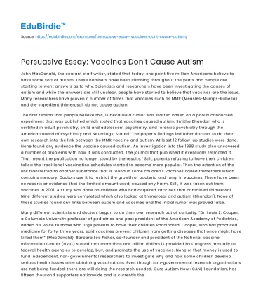 Persuasive Essay: Vaccines Don’t Cause Autism