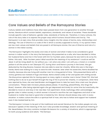Core Values and Beliefs of the Ramayana Stories