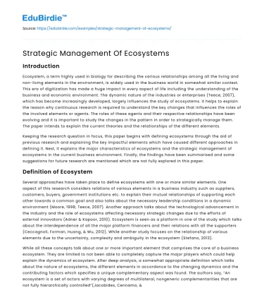 Strategic Management Of Ecosystems