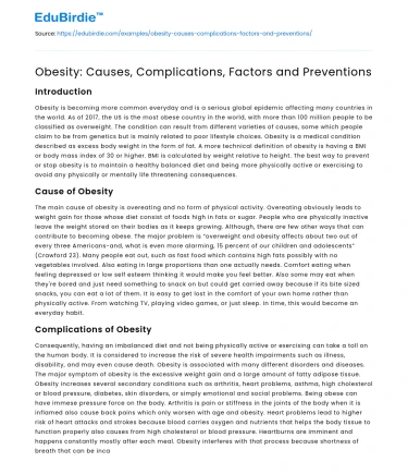 Obesity: Causes, Complications, Factors and Preventions