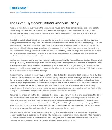 The Giver’ Dystopia: Critical Analysis Essay